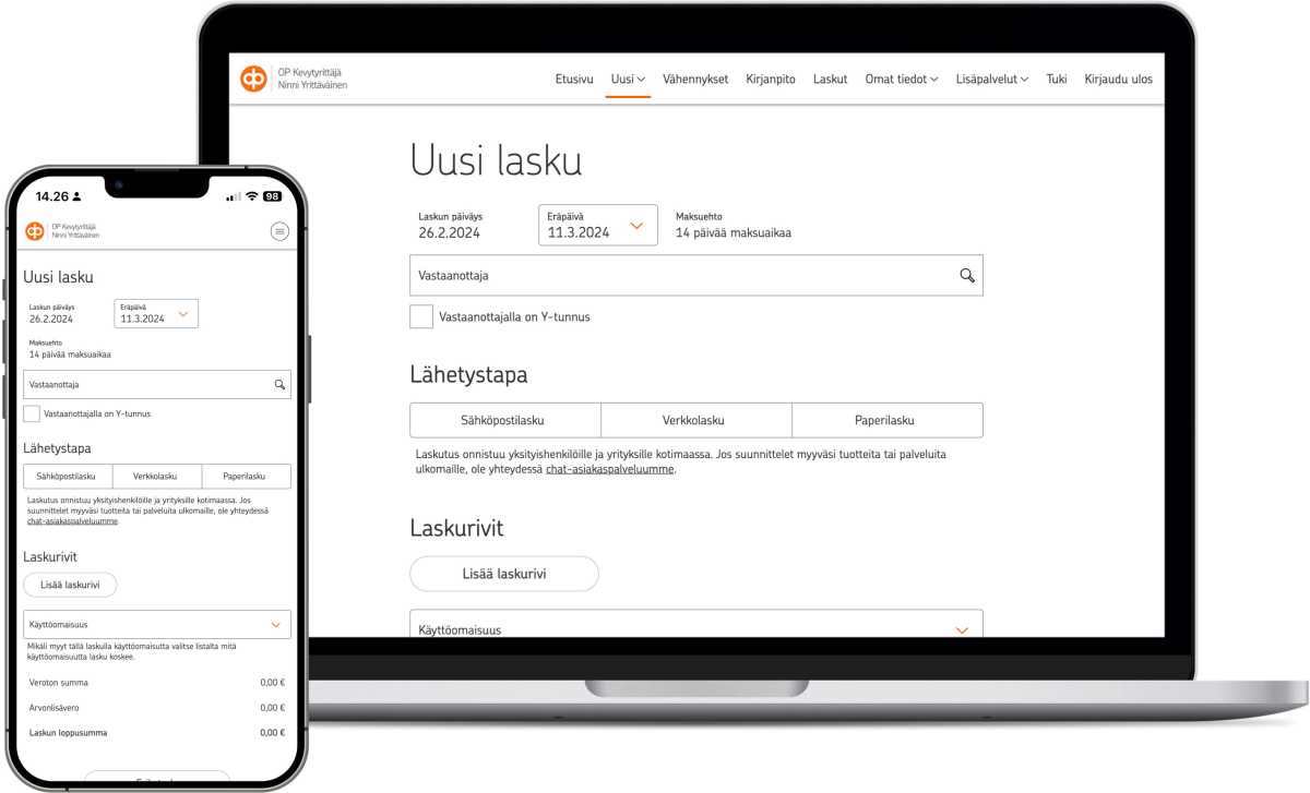 Laskut-sivun näyttökaappaus, Lisää vastaanottaja-kenttä, valitse lähetystapa ja lisää laskurivi on näkyvillä.