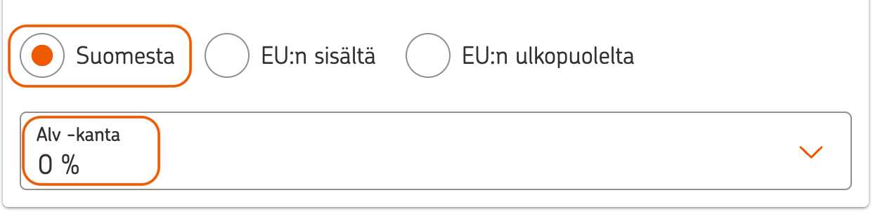 Uusi meno -toiminnon ruutukaappaus, miss&auml; "Suomesta"-kohta ja Alv-kanta "0 %" on valittu.