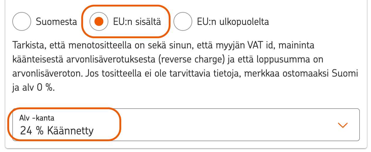 Uusi meno -toiminnon ruutukaappaus, miss&auml; "EU:n sis&auml;lt&auml;" ja Alv-kanta "25,5 % K&auml;&auml;nnetty" on valittu.