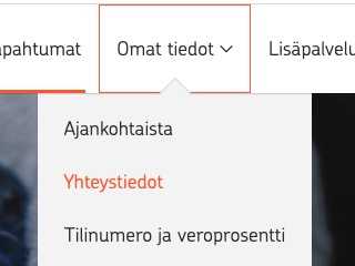 Omat tiedot - Yhteystiedot navigaatio kirjautuneelle k&auml;ytt&auml;j&auml;lle