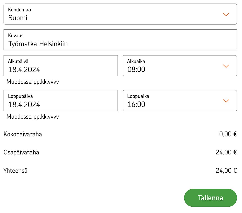 Kuvakaappaus päivärahan tallentamisesta palveluun. Lomakkeelle valitaan kohdemaa, syötetään vapaavalintainen kuvaus sekä valitaan matkan aloitus- ja lopetuspäivämäärät ja kellonajat. Lomakkeen täytön alla on lasketut kokopäivärahat ja osapäivärahat sekä tallenna-painike.